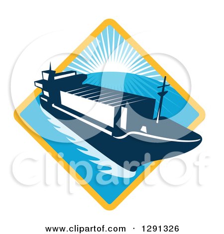 Clipart of a Retro Container Cargo Ship Emerging from a Yellow and Blue Sunset and Ocean Diamond - Royalty Free Vector Illustration by patrimonio