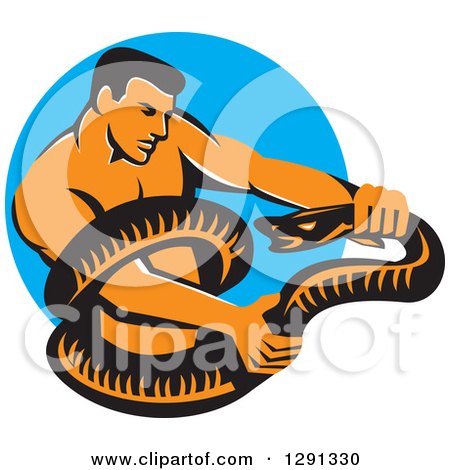 Clipart of a Retro Muscular Man Wrestling a Boa Constrictor Snake over a Blue Circle - Royalty Free Vector Illustration by patrimonio