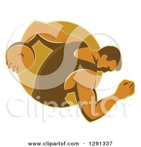 Clipart of a Retro Male Discus Thrower Emerging from a Brown Oval - Royalty Free Vector Illustration by patrimonio