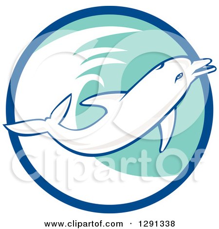 Clipart of a Retro Jumping Dolphin in a Blue White and Turquoise Circle - Royalty Free Vector Illustration by patrimonio