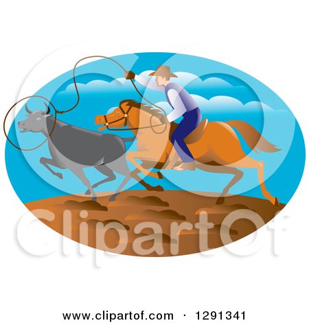 Clipart of a Retro Horseback Cowboy Roping Cattle in an Oval - Royalty Free Vector Illustration by patrimonio