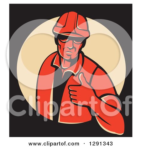 Clipart of a Retro Red Male Construction Worker Holding a Thumb up in a Tan Circle on Black, with a White Border - Royalty Free Vector Illustration by patrimonio