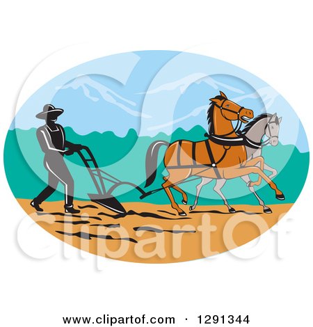 Clipart of a Silhouetted Male Farmer Using Horses to Plow a Field in an Oval - Royalty Free Vector Illustration by patrimonio