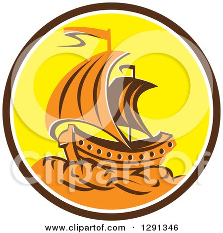 Clipart of a Retro Orange Galleon Tall Ship in a Brown White and Yellow Circle - Royalty Free Vector Illustration by patrimonio