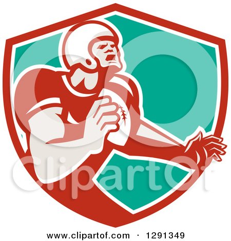 Clipart of a Retro Male Gridiron American Football Player Throwing in a Red White and Turquoise Shield - Royalty Free Vector Illustration by patrimonio