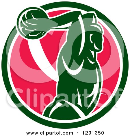 Clipart of a Retro Basketball Player Jumping for a Slam Dunk over a Green White and Pink Circle - Royalty Free Vector Illustration by patrimonio