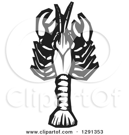 Clipart of a Woodcut Black and White Crawdad - Royalty Free Vector Illustration by xunantunich