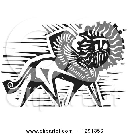 Clipart of a Black and White Woodcut Winged Lion with a Mans Face - Royalty Free Vector Illustration by xunantunich