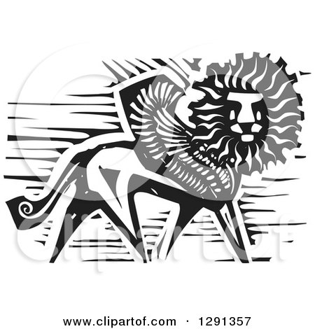 Clipart of a Black and White Woodcut Winged Lion - Royalty Free Vector Illustration by xunantunich