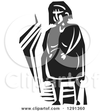 Clipart of a Black and White Woodcut Pregnant Woman Holding Her Clock Belly - Royalty Free Vector Illustration by xunantunich
