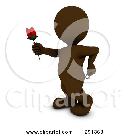 Clipart of a 3d Brown Man Holding out a Red Valentines Day Rose, with a Ring Behind His Back - Royalty Free Illustration by KJ Pargeter
