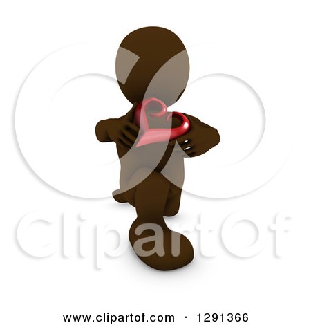 Clipart of a 3d Brown Man Kneeling and Holding a Red Valentines Day Love Heart - Royalty Free Illustration by KJ Pargeter