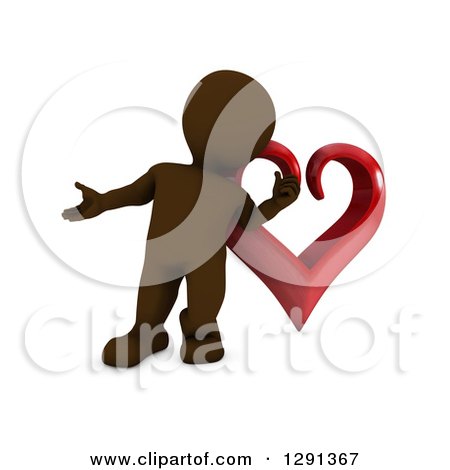 Clipart of a 3d Brown Man Presenting in Front of a Giant Red Valentines Day Love Heart - Royalty Free Illustration by KJ Pargeter