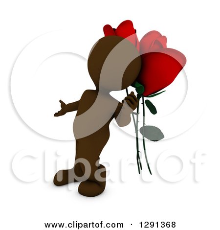 Clipart of a 3d Brown Man Gesturing to Giant Red Valentines Day Roses - Royalty Free Illustration by KJ Pargeter