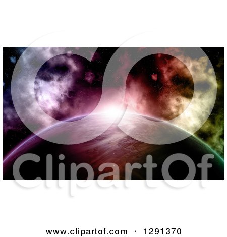 Clipart of a 3d Bright Colorful Nebula Against a Fictional Planet in Outer Space - Royalty Free Illustration by KJ Pargeter