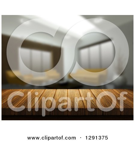 Clipart of a 3d Close up of a Wooden Table and a Blurred Modern Lobby or Living Room - Royalty Free Illustration by KJ Pargeter