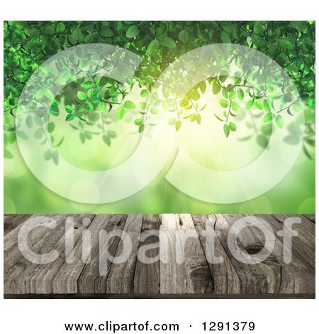 Clipart of a 3d Aged Wooden Table with Green Vines, Light and Bokeh Flares - Royalty Free Illustration by KJ Pargeter