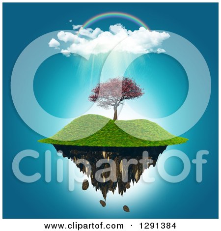 Clipart of a 3d Floating Island with a Cherry Tree Under a Rainbow and Rain Cloud - Royalty Free Illustration by KJ Pargeter