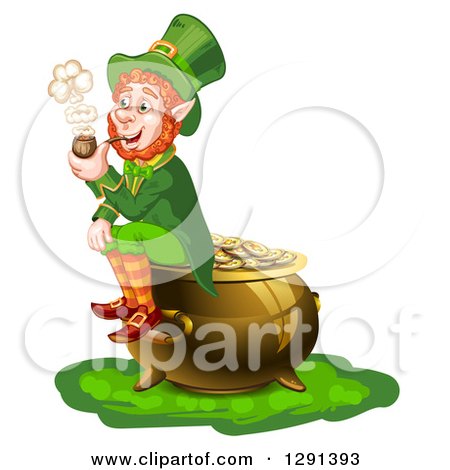 Clipart of a St Patricks Day Leprechaun Smoking a Pipe and Sitting on a Pot of Gold - Royalty Free Vector Illustration by merlinul