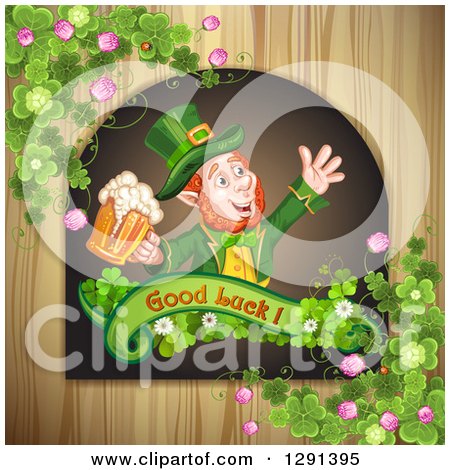 Clipart of a St Patricks Day Leprechaun Holding a Beer in a Good Luck Sign over Wood with Shamrocks - Royalty Free Vector Illustration by merlinul