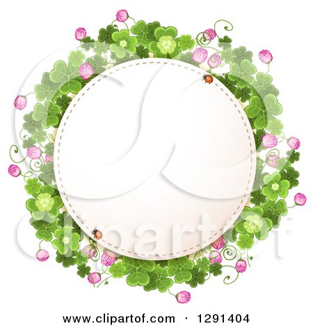 Clipart of a Lady Bug on a Round St Patricks Day Frame with Shamrock Clovers and Flowers - Royalty Free Vector Illustration by merlinul
