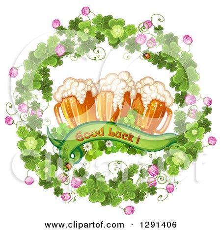 Clipart of a St Patricks Day Wood Wreath of Shamrocks, Good Luck Text and Beer Mugs - Royalty Free Vector Illustration by merlinul