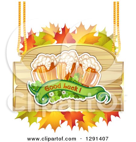 Clipart of a St Patricks Day Wood Sign with Shamrocks, Autumn Leaves, Good Luck Text and Beer Mugs - Royalty Free Vector Illustration by merlinul