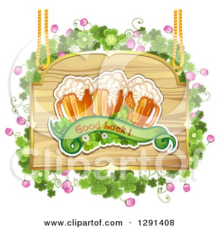 Clipart of a St Patricks Day Wood Sign with Shamrocks, Good Luck Text and Beer Mugs - Royalty Free Vector Illustration by merlinul