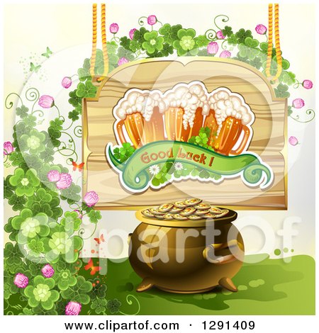 Clipart of a St Patricks Day Wood Sign with Shamrocks, Good Luck Text and Beer Mugs over a Pot of Gold - Royalty Free Vector Illustration by merlinul