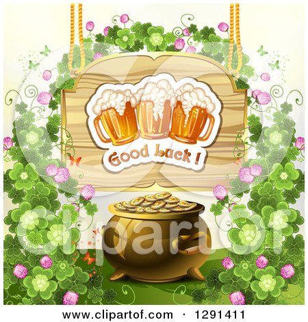 Clipart of a St Patricks Day Wood Sign with Shamrocks, Good Luck Text and Beer Mugs Above a Pot of Gold - Royalty Free Vector Illustration by merlinul