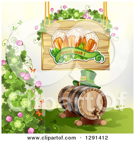 Clipart of a St Patricks Day Wood Sign with Shamrocks, Good Luck Text and Beer Mugs over a Leprechaun Hat on a Keg - Royalty Free Vector Illustration by merlinul