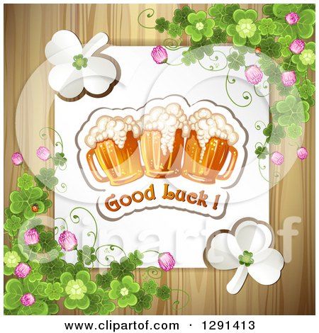 Clipart of a St Patricks Day Sign with Shamrocks and Good Luck Text and Beer Mugs over Wood - Royalty Free Vector Illustration by merlinul