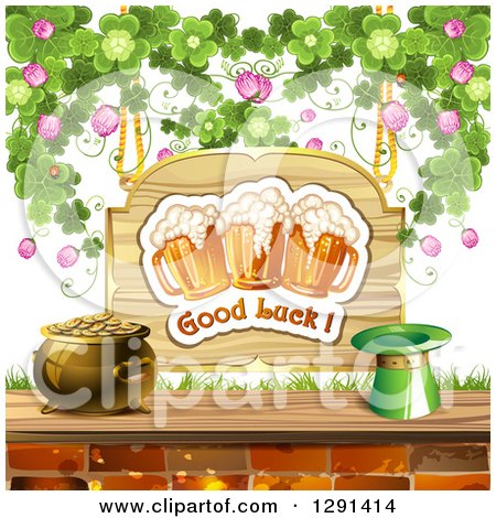 Clipart of a St Patricks Day Wood Good Luck Sign with Shamrocks, Beer Mugs, a Leprechaun Hat and Pot of Gold - Royalty Free Vector Illustration by merlinul