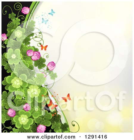 Clipart of a St Patricks Day Background of Shamrock Clovers and Flowers with Butterflies on Yellow - Royalty Free Vector Illustration by merlinul