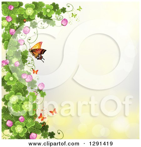 Clipart of a St Patricks Day Background of Shamrock Clovers and Flowers with Butterflies and a Monarch on Yellow - Royalty Free Vector Illustration by merlinul