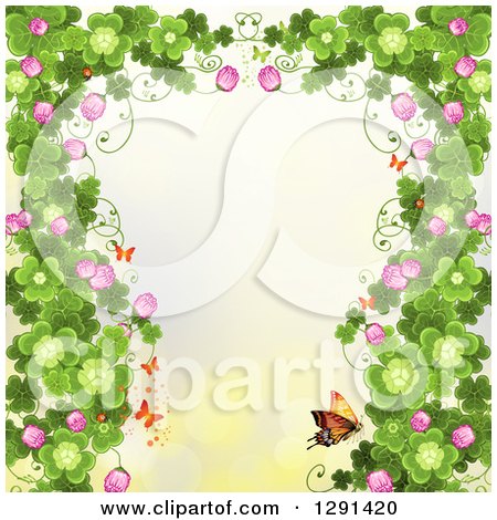 Clipart of a St Patricks Day Background of Borderd Shamrock Clovers and Flowers with a Monarch, Butterflies on Yellow - Royalty Free Vector Illustration by merlinul