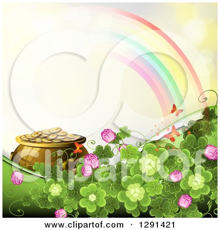 Clipart of a St Patricks Day Background of Shamrock Clovers and Flowers, a Pot of Gold, Rainbow, and Butterflies on Yellow - Royalty Free Vector Illustration by merlinul