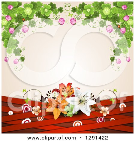 Clipart of a Background of Shamrock Clovers and Flowers over Lilies, Red Lattice and Targets on Pink - Royalty Free Vector Illustration by merlinul