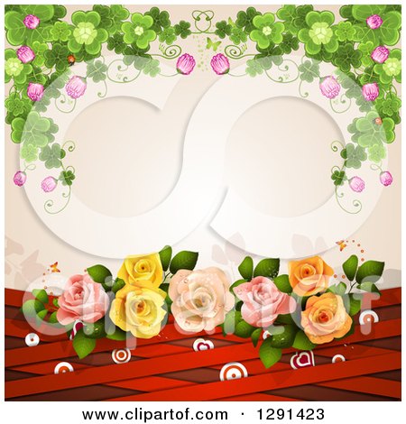 Clipart of a Background of Shamrock Clovers and Flowers over Roses, Red Lattice and Targets on Pink - Royalty Free Vector Illustration by merlinul