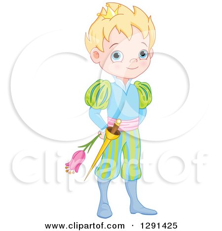 Clipart of a Cute, Blue Eyed, Blond Caucasian Prince in a Colorful Uniform, Holding a Flower - Royalty Free Vector Illustration by Pushkin