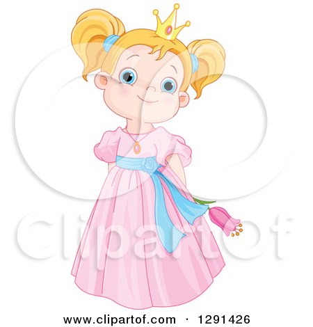 Clipart of a Cute, Blue Eyed, Strawberry Blond Caucasian Princess in a Pink Dress, Holding a Flower - Royalty Free Vector Illustration by Pushkin