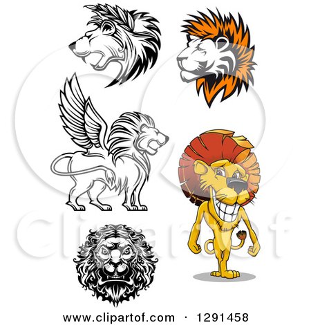 Clipart of Male Lions in Black and White and Cartoon Styles - Royalty Free Vector Illustration by Vector Tradition SM