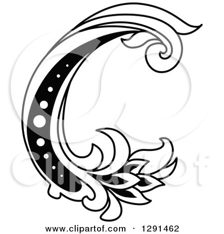 Clipart of a Black and White Vintage Lowercase Floral Letter C - Royalty Free Vector Illustration by Vector Tradition SM
