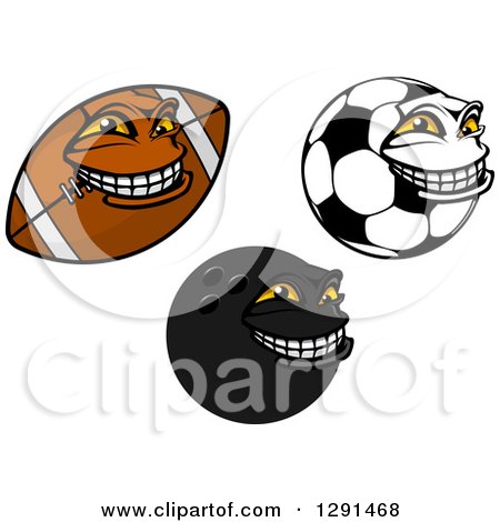 Clipart of Tough American Football, Bowling Ball and Soccer Ball Characters - Royalty Free Vector Illustration by Vector Tradition SM