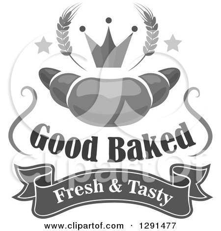 Clipart of a Grayscale Croissant with Stars, Wheat and a Crown over Text - Royalty Free Vector Illustration by Vector Tradition SM
