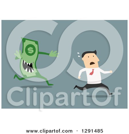 Clipart of a Flat Modern Design Styled White Businessman Running from a Money Debt Monster, over Blue - Royalty Free Vector Illustration by Vector Tradition SM