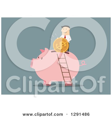 Clipart of a Flat Modern Design Styled White Businessman Inserting a Giant Coin in a Piggy Bank, over Blue - Royalty Free Vector Illustration by Vector Tradition SM