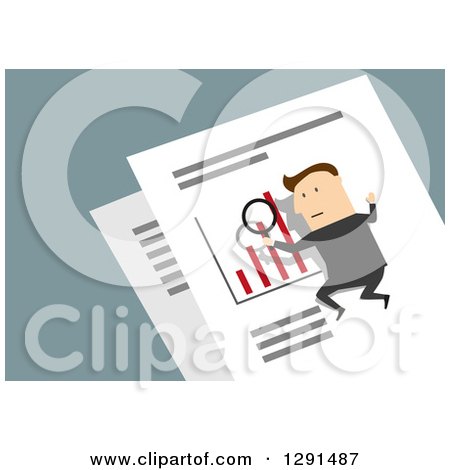 Clipart of a Flat Modern Design Styled White Businessman on a Giant Paper Bar Graph with a Magnifying Glass, over Blue - Royalty Free Vector Illustration by Vector Tradition SM