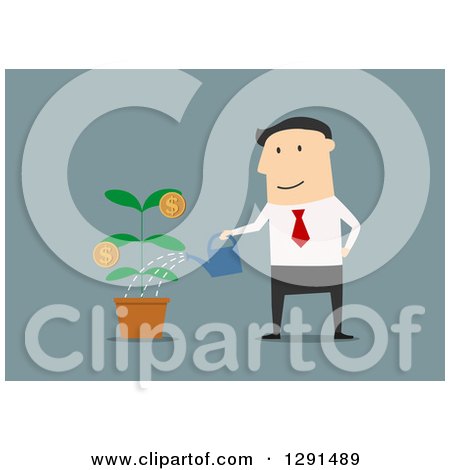 Clipart of a Flat Modern Design Styled White Businessman Watering an Investment Plant, over Blue - Royalty Free Vector Illustration by Vector Tradition SM