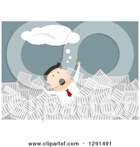 Clipart of a Flat Modern Design Styled Thinking White Businessman Drowning in Paperwork, over Blue - Royalty Free Vector Illustration by Vector Tradition SM